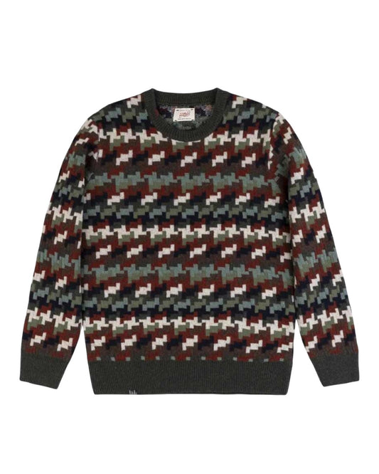 BOB Sound meerkleurige pull met geometrisch patroon en ronde hals, vooraanzicht