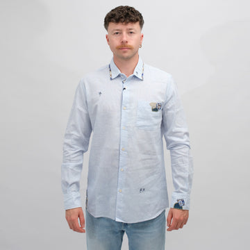 BOB Linen Embroidered Shirt Light Blue Stripe – vooraanzicht