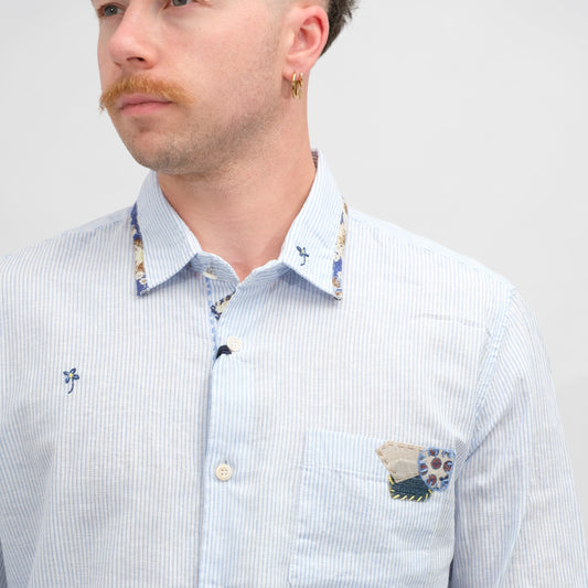 BOB Linen Embroidered Shirt Light Blue Stripe – productbeeld 2