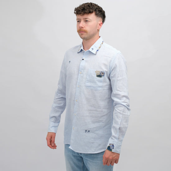 BOB Linen Embroidered Shirt Light Blue Stripe – productbeeld 3
