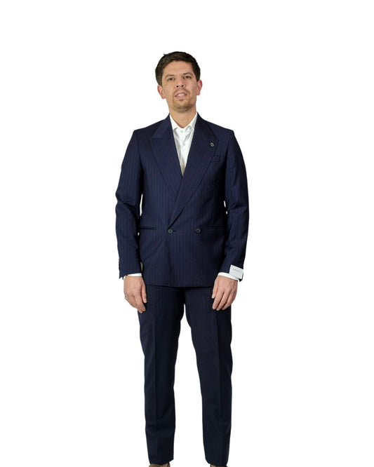Navy Krijtstreep Double Breas
