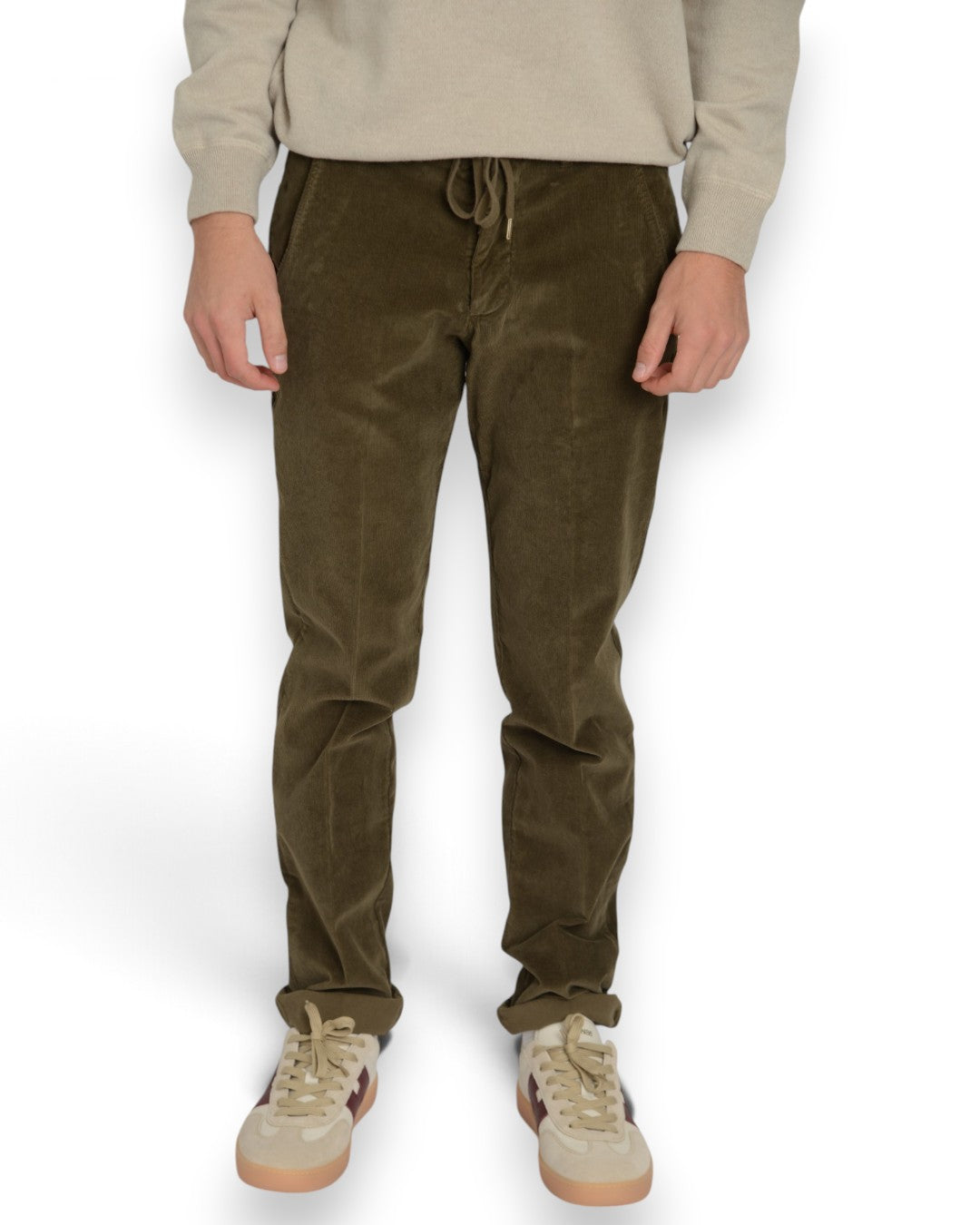 Briglia 1949 BG41 fijne corduroy broek Military Green – vooraanzicht met trekkoord