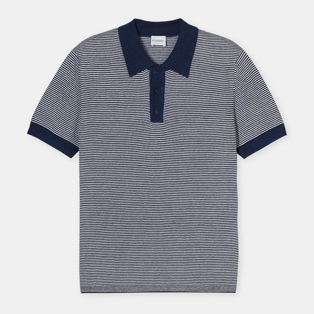 Closed Linen Blend Polo Smoky Blue – vooraanzicht