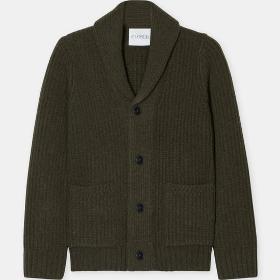 Closed Marsh Green Wool Scarf Collar Cardigan – vooraanzicht