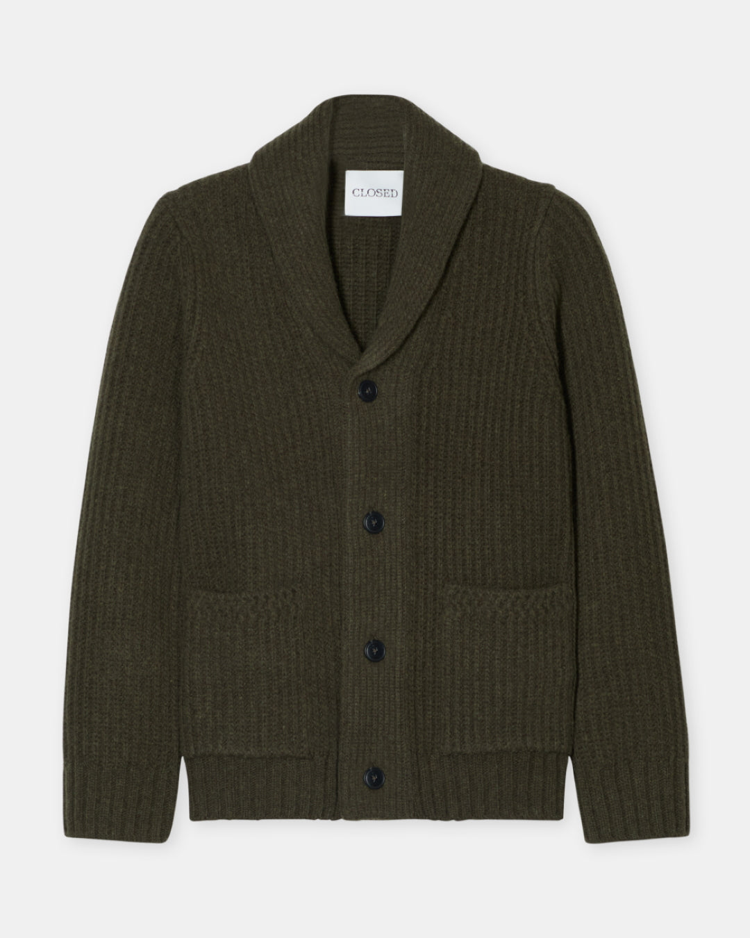 Closed Marsh Green Wool Scarf Collar Cardigan – vooraanzicht