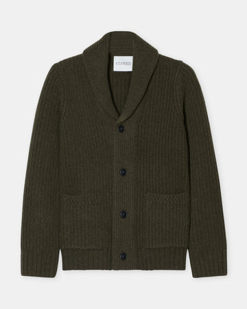 Closed Marsh Green Wool Scarf Collar Cardigan – vooraanzicht