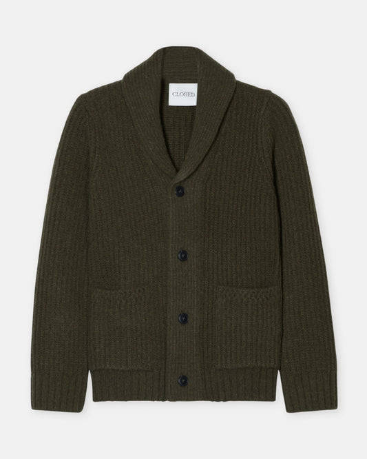 Closed Marsh Green Wool Scarf Collar Cardigan – vooraanzicht