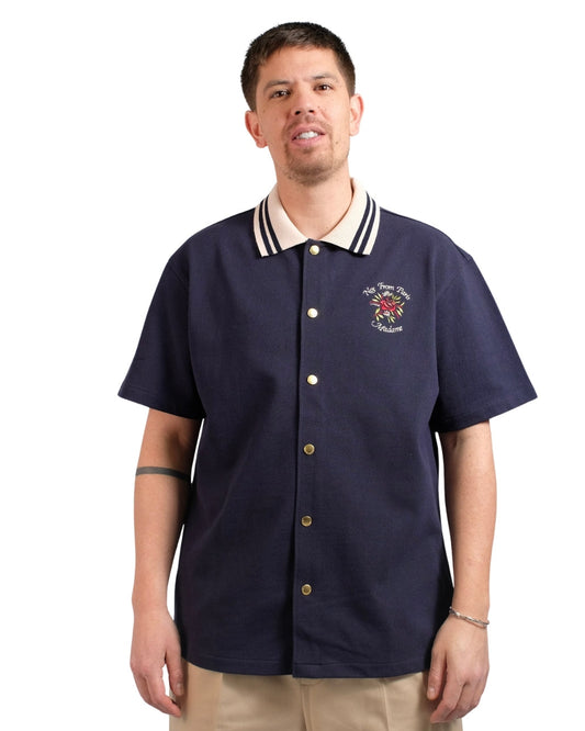 Navy Piquee Slogan Rose Shirt