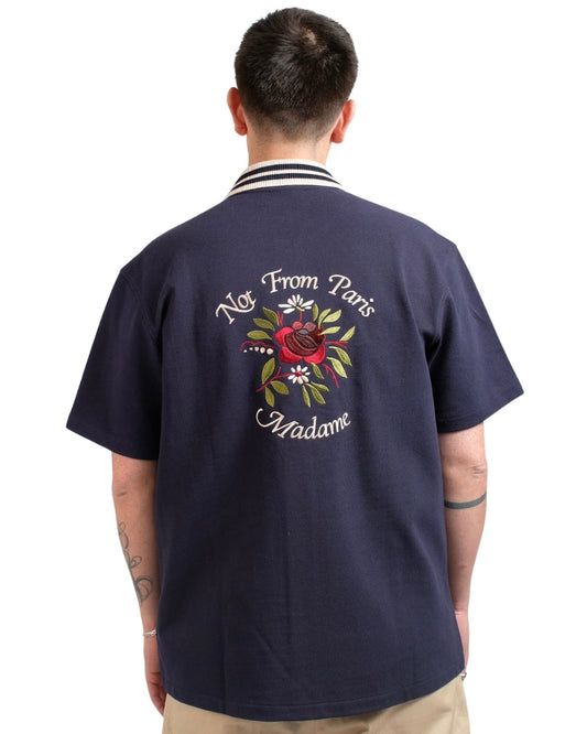 Navy Piquee Slogan Rose Shirt