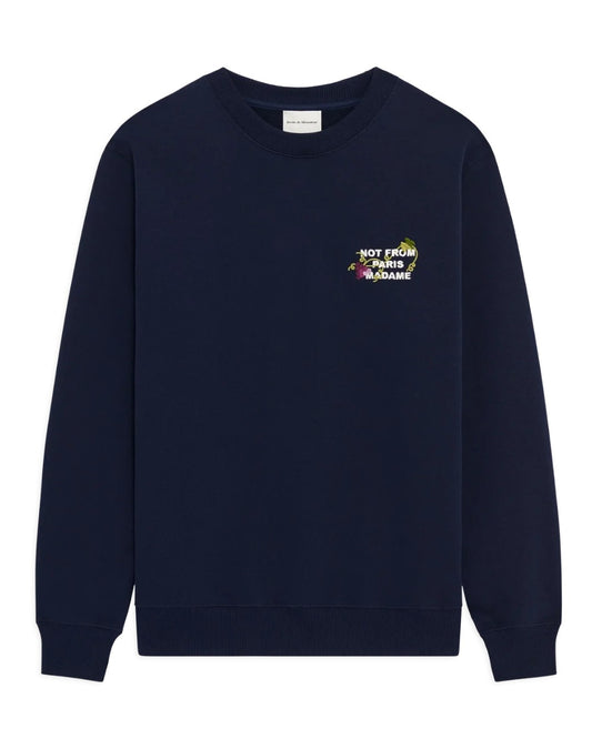 Detail van de Vine Slogan-borduring op Drôle de Monsieur sweatshirt Navy