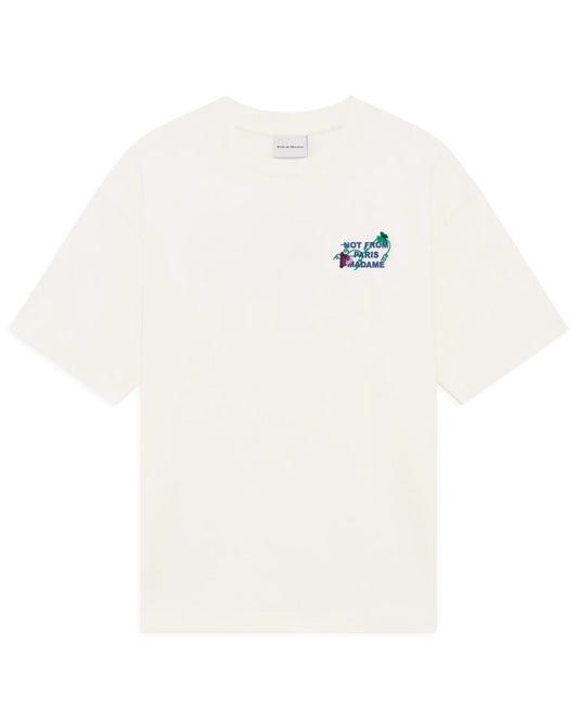 Detail van de Vine Slogan-borduring op Drôle de Monsieur T-shirt Off White