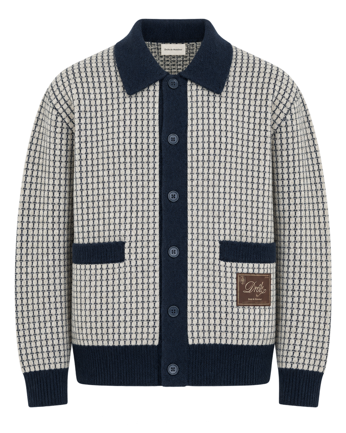 Drôle de Monsieur Waffle Knitwear Drôle Patch Cardigan Navy packshot bij Checkpoint Mol