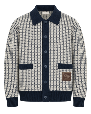 Drôle de Monsieur Waffle Knitwear Drôle Patch Cardigan Navy packshot bij Checkpoint Mol