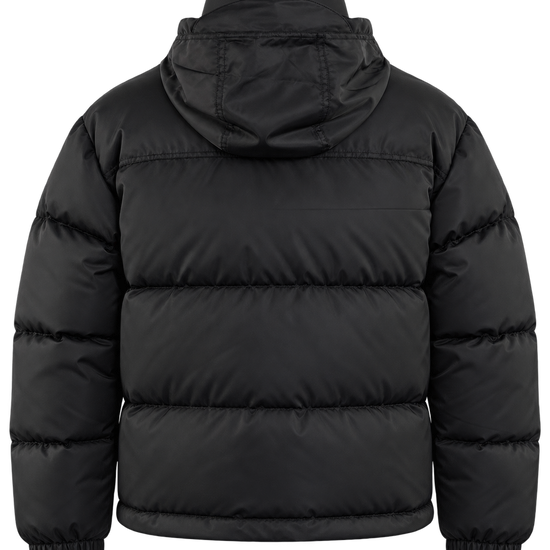 Drôle de Monsieur zwarte Slogan Puffer Jacket achterkant met kap