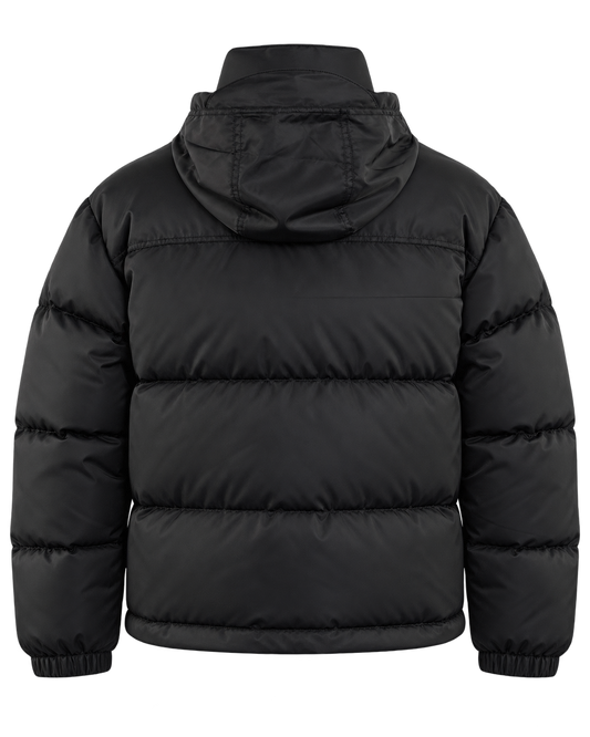 Drôle de Monsieur zwarte Slogan Puffer Jacket achterkant met kap