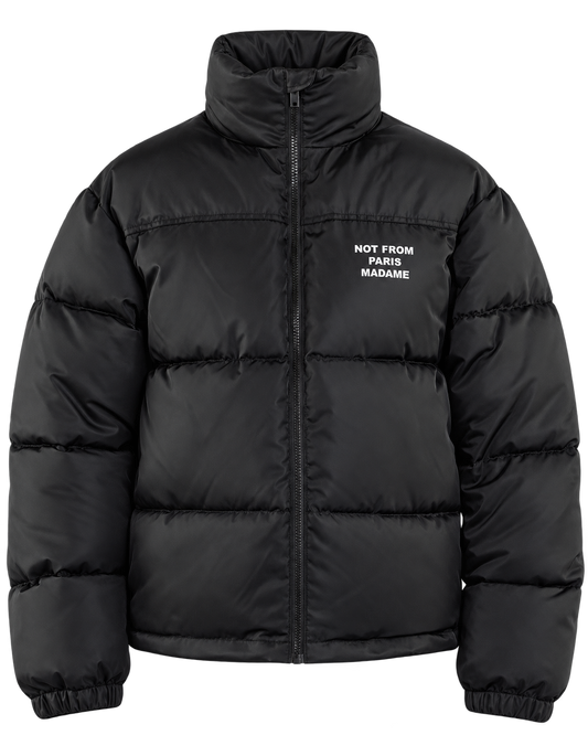 Drôle de Monsieur Slogan Puffer Jacket black voorkant bij Checkpoint Mol