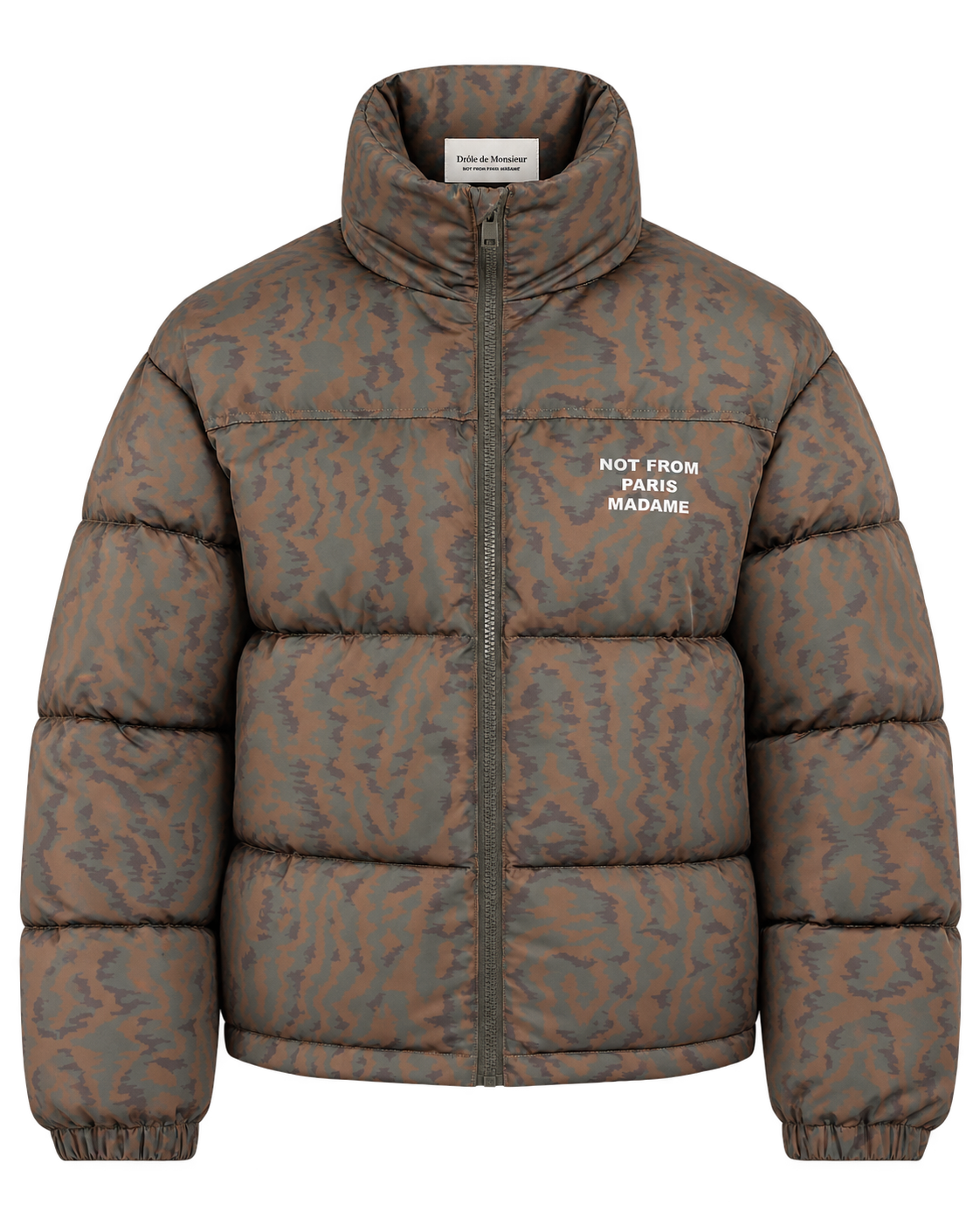 Drôle de Monsieur Slogan Moiré Puffer Jacket khaki voorkant bij Checkpoint Mol