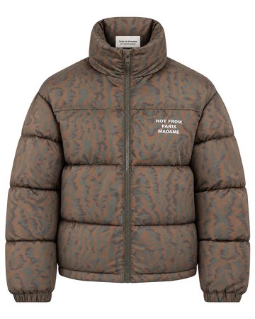 Drôle de Monsieur Slogan Moiré Puffer Jacket khaki voorkant bij Checkpoint Mol
