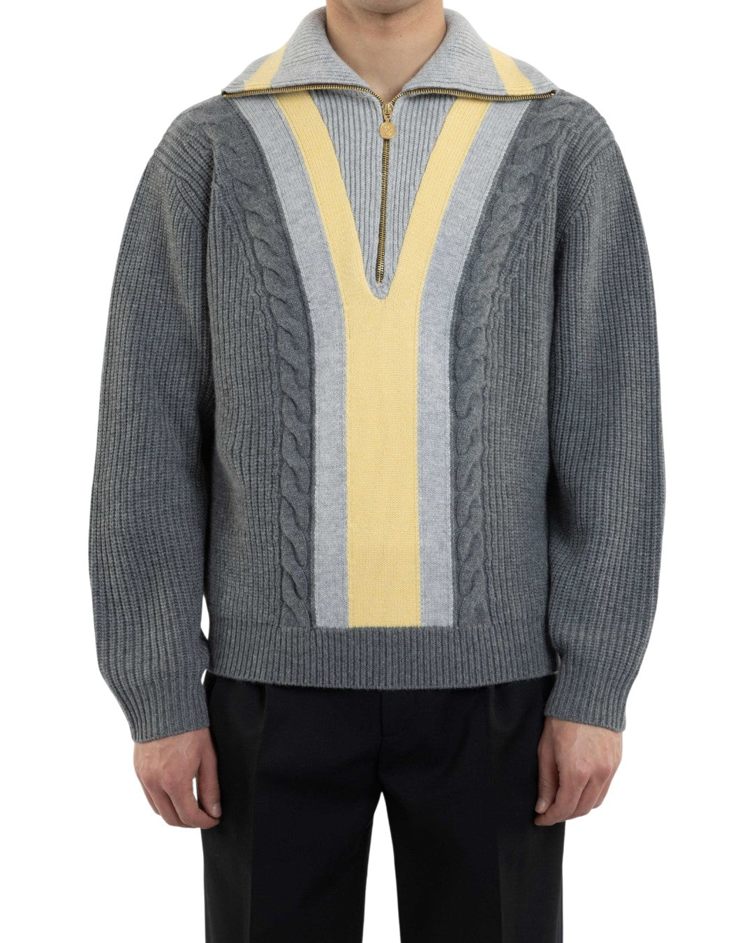 Drôle de Monsieur grijze wol cashmere Trucker Pullover relaxed fit vooraanzicht