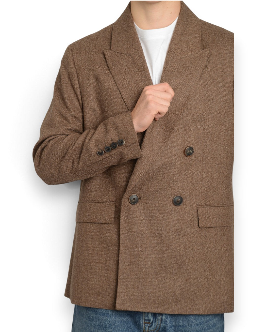 Drykorn Lowan double-breasted blazer bruin, detail revers en knopen