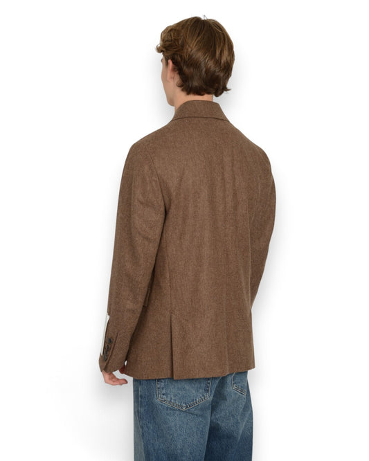 Drykorn Lowan double-breasted blazer bruin, gedragen achteraanzicht