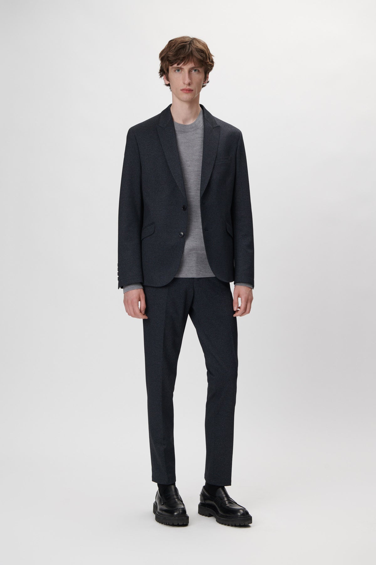 Drykorn Lynden Honeyprint Jersey Blazer Blue Grey – gedragen vooraanzicht