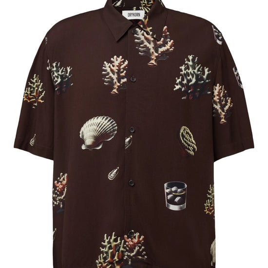 Drykorn Meryn Viscose Hemd Brown Shells — vooraanzicht met schelpen- en koraalprint