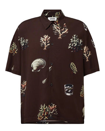 Drykorn Meryn Viscose Hemd Brown Shells — vooraanzicht met schelpen- en koraalprint