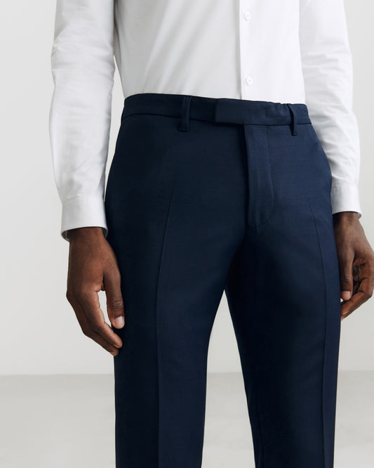Drykorn Piet pantalon navy, detail tailleband en voorzak