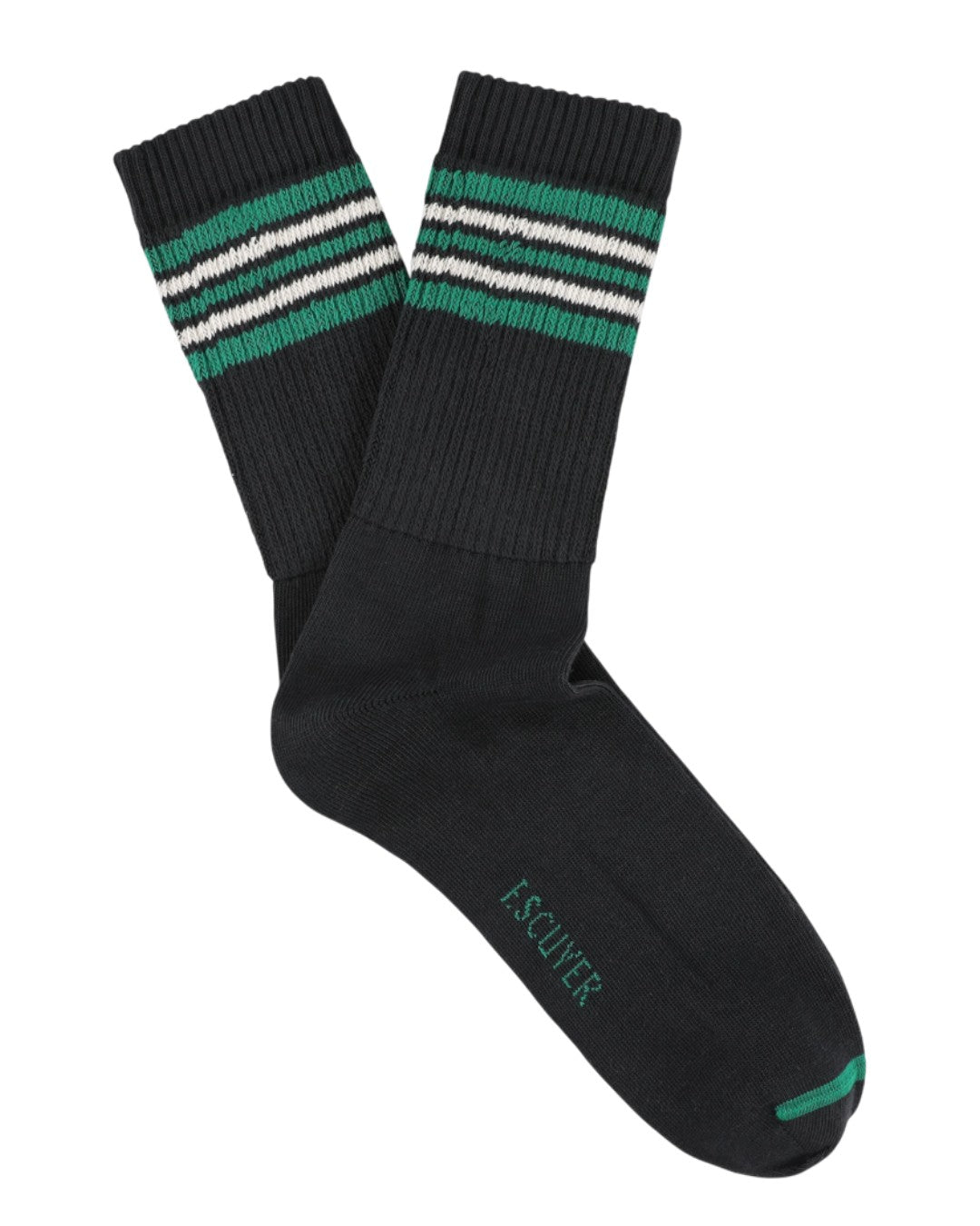 Escuyer 5 Stripes Crew Socks in zwart, groen en ecru – paar met strepen