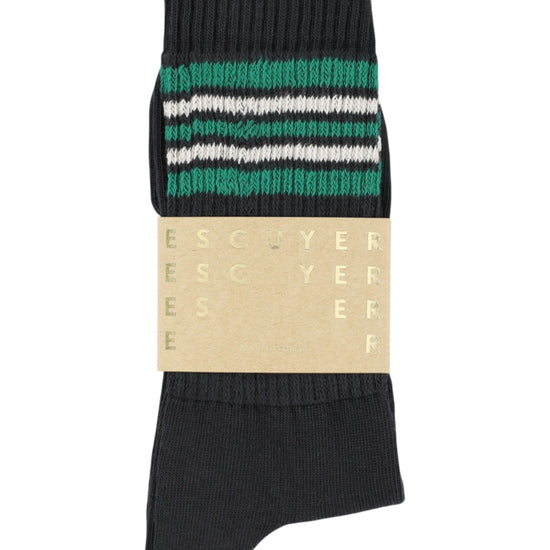 Escuyer 5 Stripes Crew Socks in zwart, groen en ecru – sokken met papieren wikkel