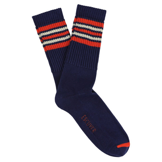 Escuyer 5 Stripes Crew Socks in blauw, oranje en ecru – paar met strepen
