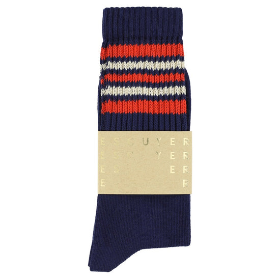 Escuyer 5 Stripes Crew Socks in blauw, oranje en ecru – sokken met papieren wikkel