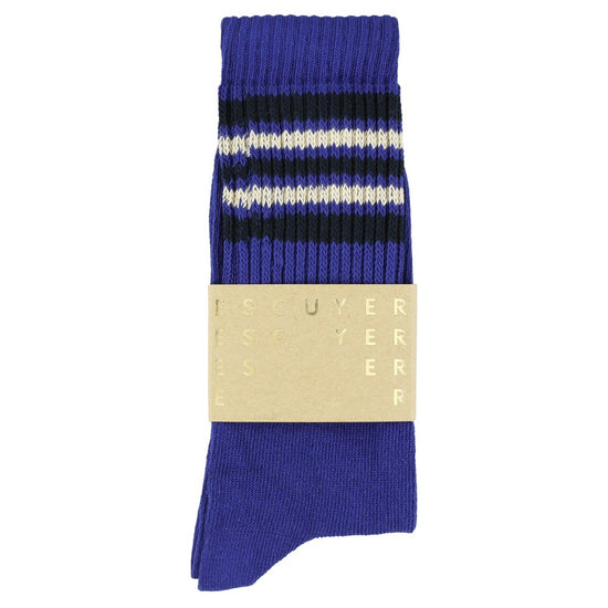 Escuyer 5 Stripes Crew Socks in helderblauw, ecru en navy – sokken met papieren wikkel