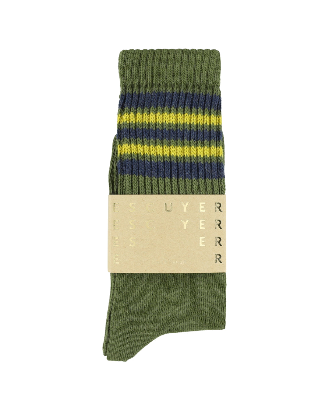 Escuyer 5 Stripes Crew Socks in khaki, blauw en geel – sokken met papieren wikkel