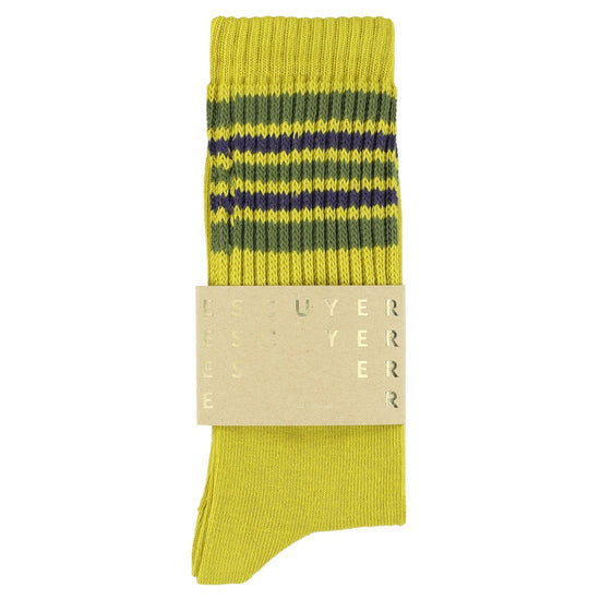 Escuyer 5 Stripes Crew Socks in geel, khaki en blauw – sokken met papieren wikkel