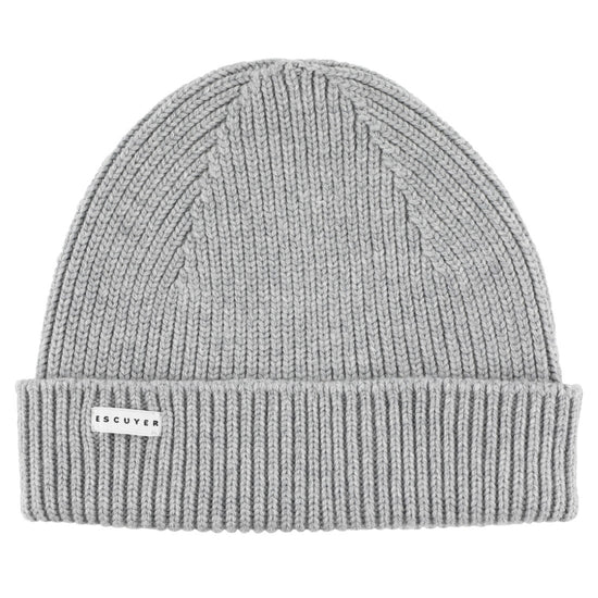Escuyer Ribbed Merino Beanie muts in grijs – vooraanzicht met omgeslagen boord