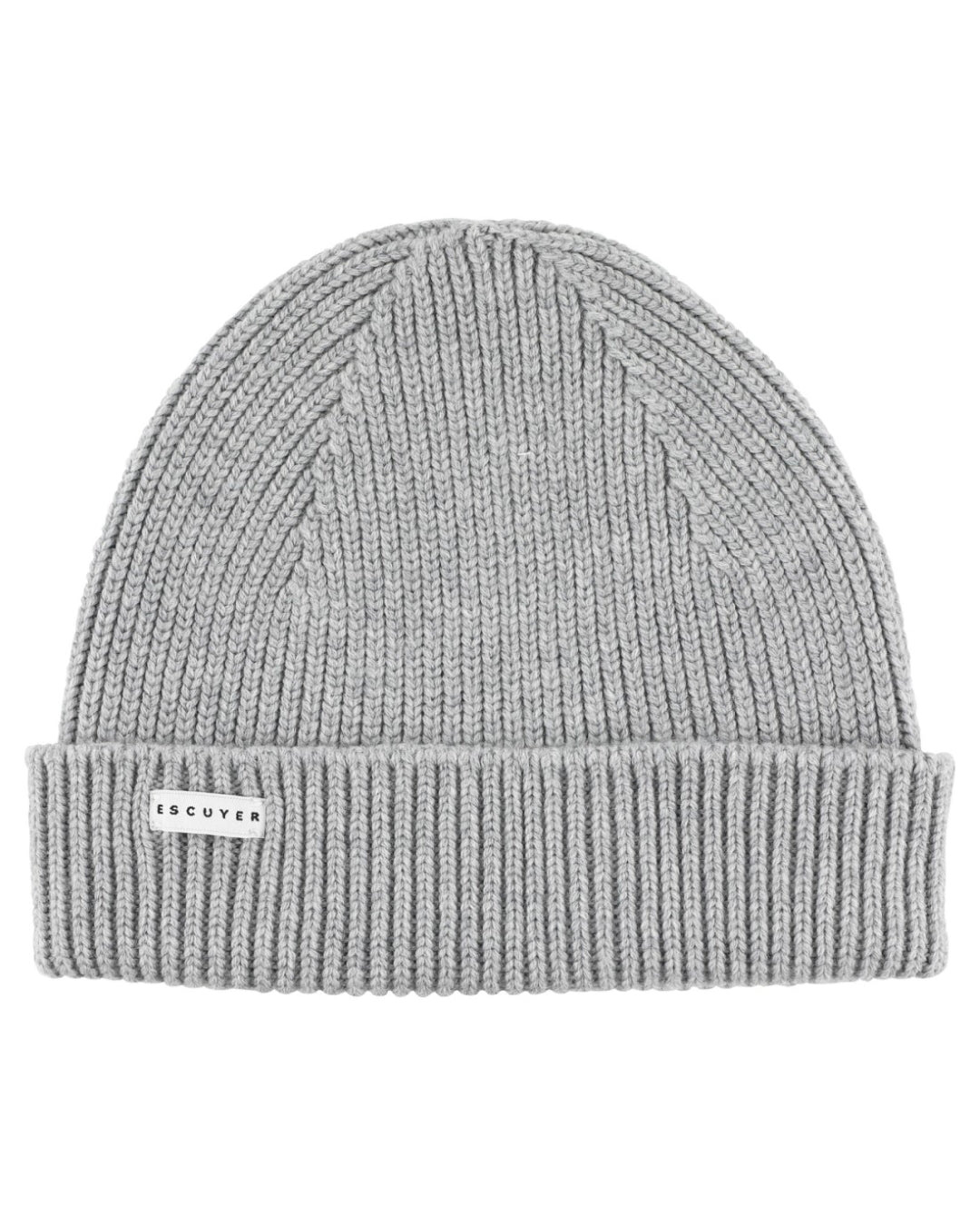 Escuyer Ribbed Merino Beanie muts in grijs – vooraanzicht met omgeslagen boord