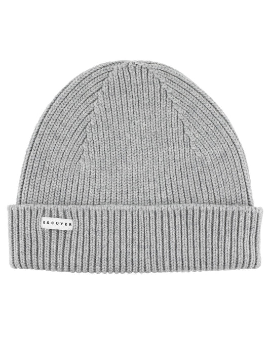 Escuyer Ribbed Merino Beanie muts in grijs – vooraanzicht met omgeslagen boord