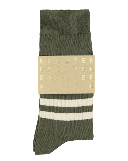 Escuyer Stripes Socks in khaki en ecru – sokken met papieren wikkel