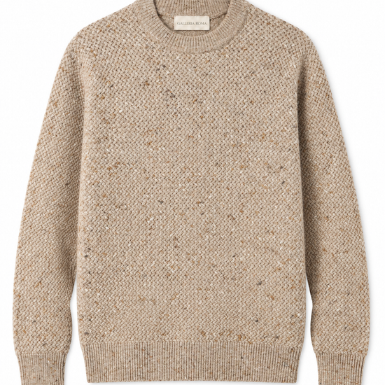 Galleria Roma beige mélange basketweave trui GC3ML WC7BD 060 – packshot met ronde hals en mandjesbreisel