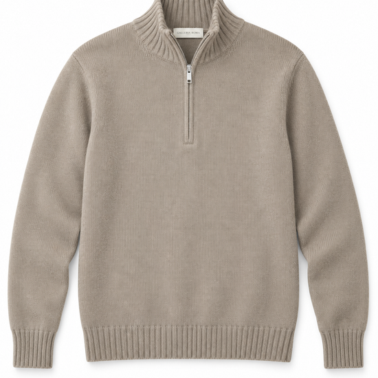 Galleria Roma beige quarterzip MZ3ML WC7R 910 Argento-Azteco met geribde opstaande kraag en wol-cashmerebreisel, packshot