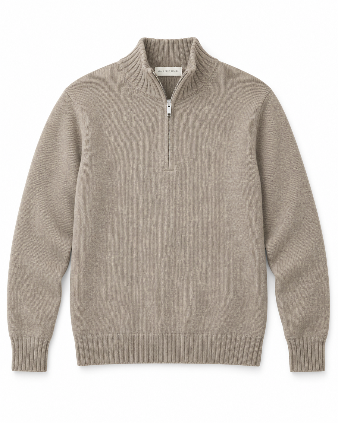 Galleria Roma beige quarterzip MZ3ML WC7R 910 Argento-Azteco met geribde opstaande kraag en wol-cashmerebreisel, packshot