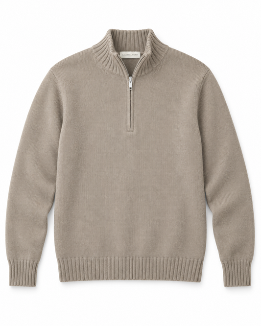 Galleria Roma beige quarterzip MZ3ML WC7R 910 Argento-Azteco met geribde opstaande kraag en wol-cashmerebreisel, packshot