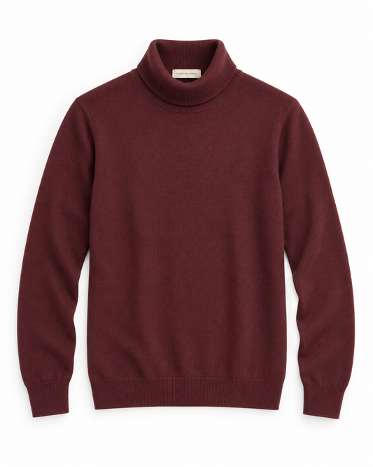 Galleria Roma Bordeaux rolkraag DV1ML WC12R 380 in wijnrood merino-cashmerebreisel met ribboorden, packshot vooraanzicht