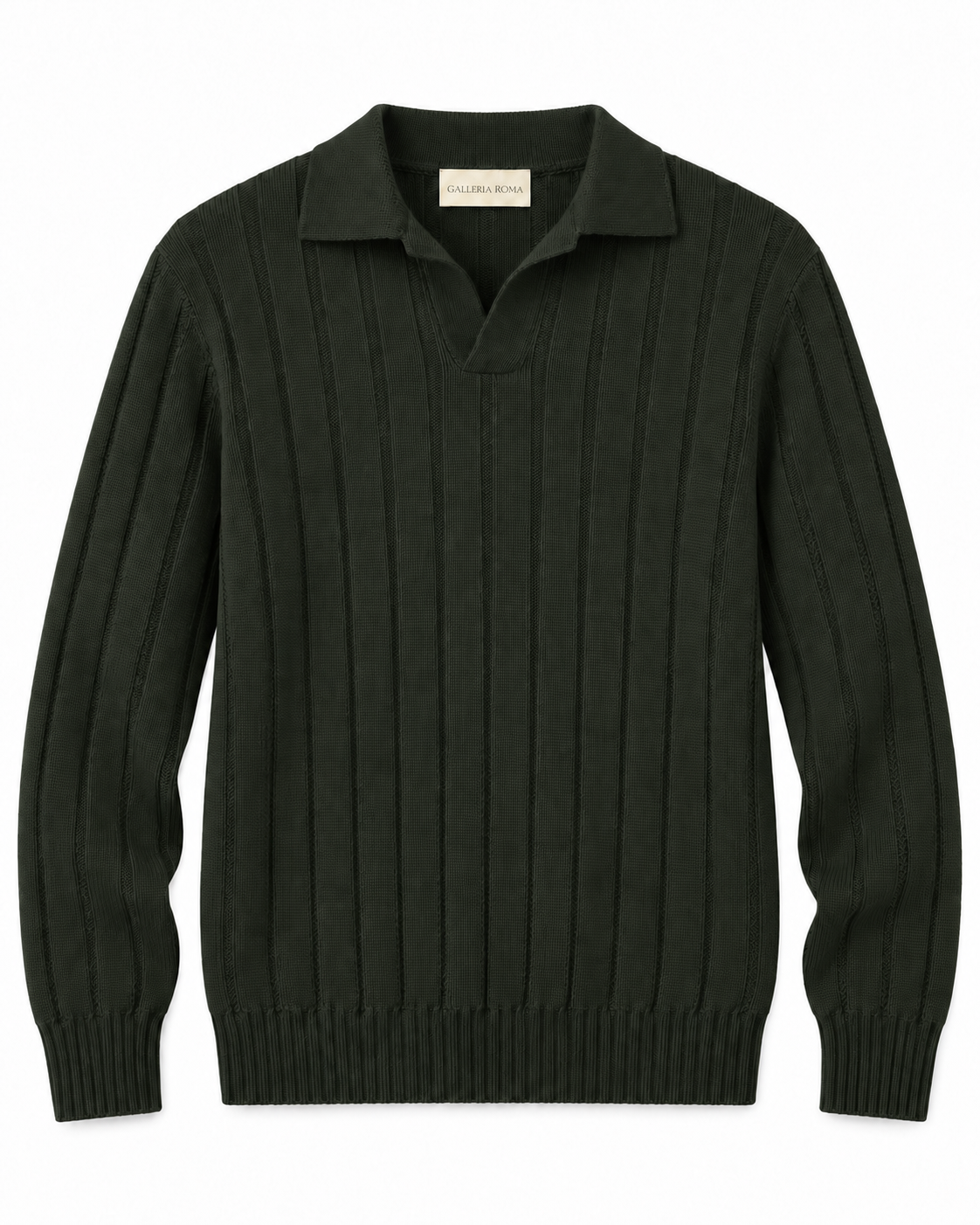 Galleria Roma Militare skipperpolo PL3MLSK WM7C 591 in donkergroen merinobreisel met open kraag en verticale ribstructuur, packshot