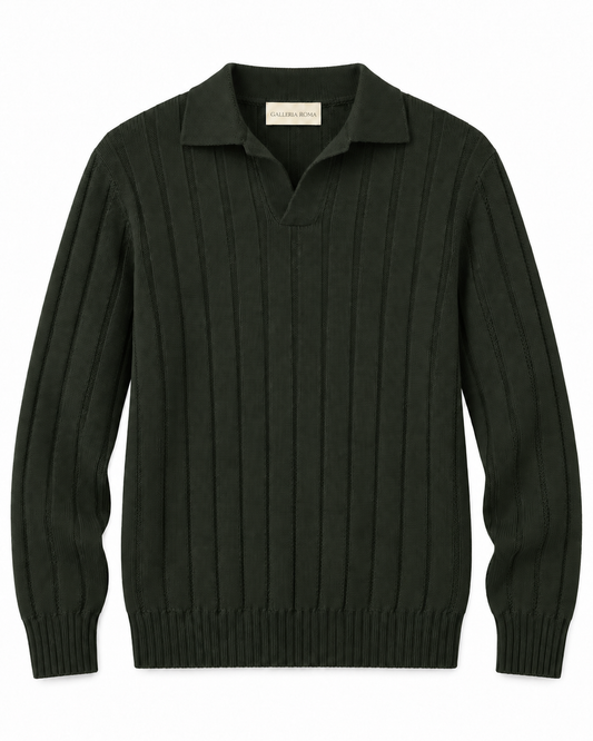 Galleria Roma Militare skipperpolo PL3MLSK WM7C 591 in donkergroen merinobreisel met open kraag en verticale ribstructuur, packshot