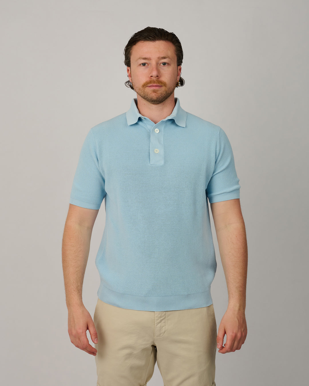 Galleria Roma Polvere knitted polo heren lichtblauw - vooraanzicht