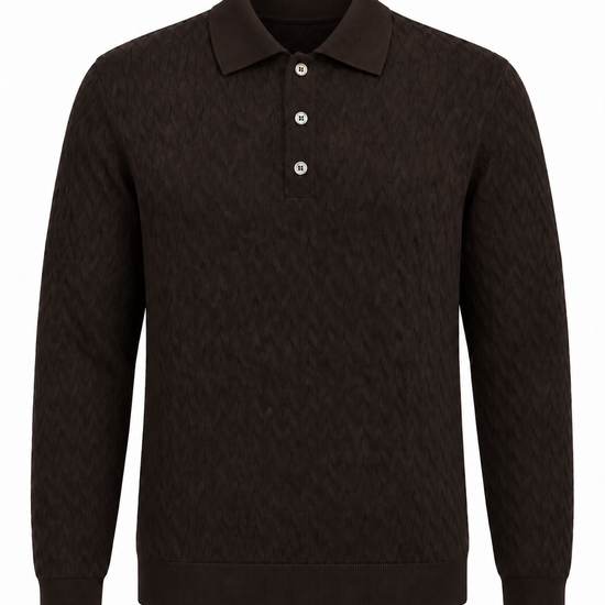 Galleria Roma Royal Merino poloshirt Caffè in diep donkerbruin met geometrisch breipatroon — PL1ML RM16CH 289