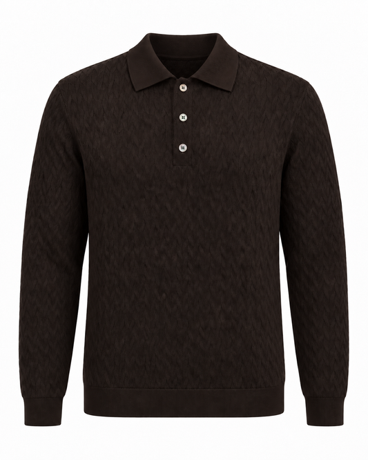 Galleria Roma Royal Merino poloshirt Caffè in diep donkerbruin met geometrisch breipatroon — PL1ML RM16CH 289